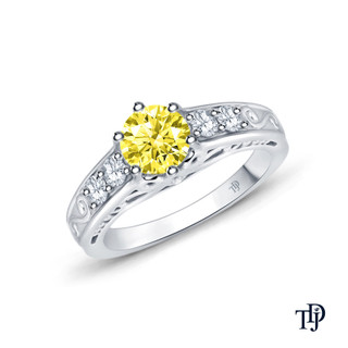 14K White Gold Scroll Filigree Accent Diamond Engagement Ring Yellow Sapphire Top View