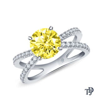 14K White Gold Dual Band Accent Diamond Engagement Ring Yellow Sapphire Top View