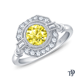 14K White Gold Baguette & Round Accents Antique Diamond Engagement Ring Yellow Sapphire Top View