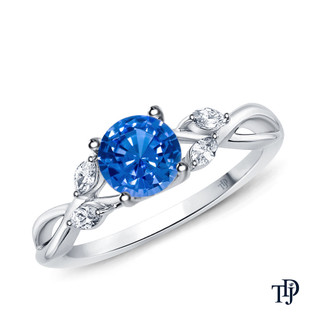 14K White Gold Vine and Leaves Style Marquise Bud Diamond Engagement Ring Blue Sapphire Top View