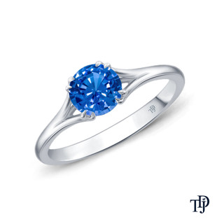 14K White Gold A Contemporary Interwine Ribbon Diamond Solitaire Ring Blue Sapphire Top View