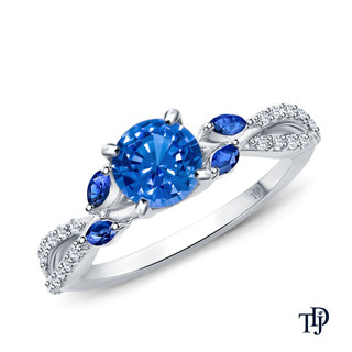 14K White Gold A Nature Inspired Leaves Marquise Blue Sapphire & Round Diamond Ring Blue Sapphire Top View