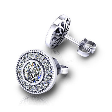 Milgrain Pave Set Halo Round Cut Diamond Stud Earrings