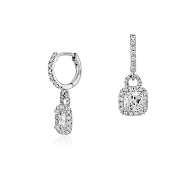 Cushion Cut Halo Diamond Dangle Earrings