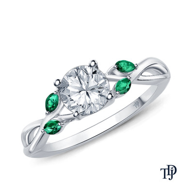 Marquise Green Emerald Accents - Leaves and Vine Style Engagement Ring with Center Diamond Top View White Gold