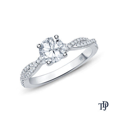 White Gold Twisted Shanks Scalloped Pave Set Engagement Ring with Center Diamond Top View