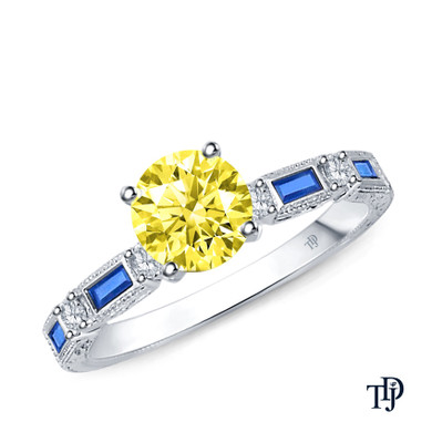 14K White Gold Baguette Sapphire and Round Diamond Accents Ring Yellow Sapphire Top View