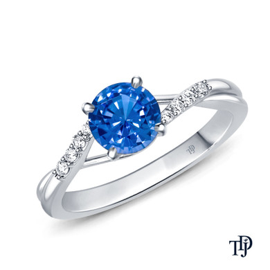 14K White Gold Delicate Tapered Pave Set Engagement Ring Blue Sapphire Top View