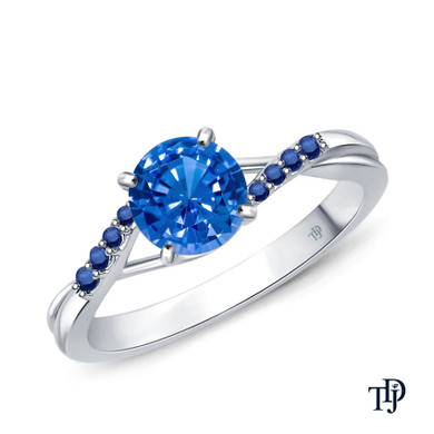 14K White Gold Delicate Tapered Pave Sapphire Engagement Ring Blue Sapphire Top View