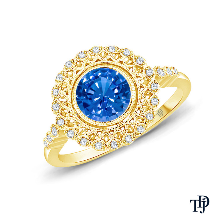 14K Yellow Gold An Intricate Antique Vintage Style Diamond Engagement Ring Blue Sapphire Top View