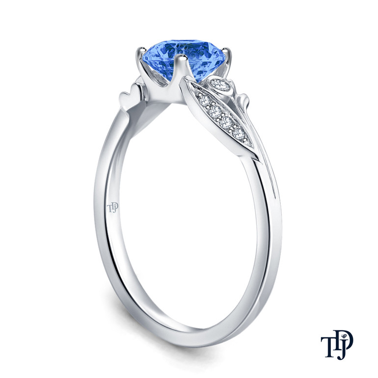 14K White Gold Leaves Inspired Accent Diamond Engagement Ring Blue Sapphire Side View