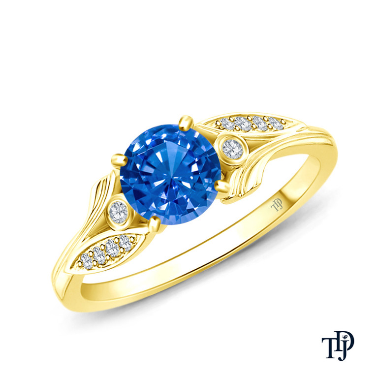 14K Yellow Gold Leaves Inspired Accent Diamond Engagement Ring Blue Sapphire Top View