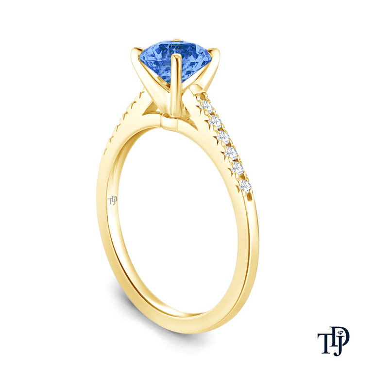 14K Yellow Gold Cathedral Pave Diamond Engagement Ring Blue Sapphire Side View