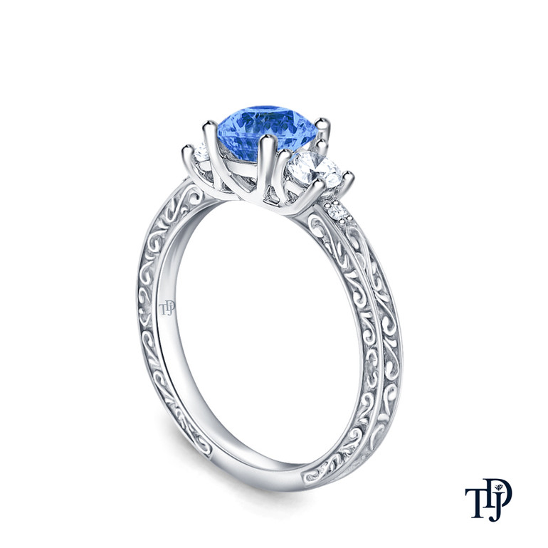 14K White Gold An Antique Scroll Design Three Stone Engagement Ring Blue Sapphire Side View