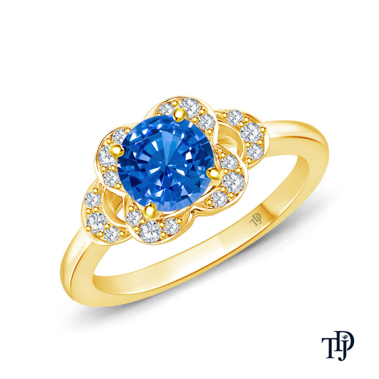 14K Yellow Gold Floral Petal Design Diamond Engagement Ring Blue Sapphire Top View