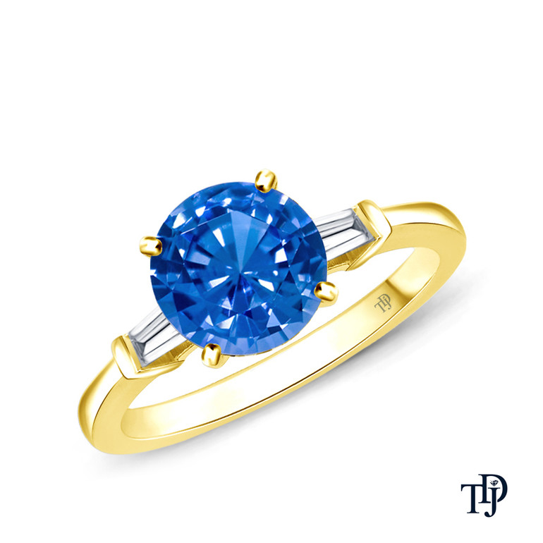 14K Yellow Gold Tapered Style Baguette Side Stones Engagement Ring Blue Sapphire Top View