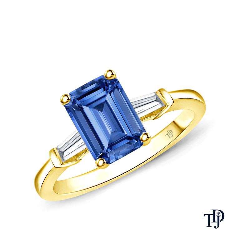14K Yellow Gold Tapered Style Baguette Side Stones Engagement Ring Blue Sapphire Top View