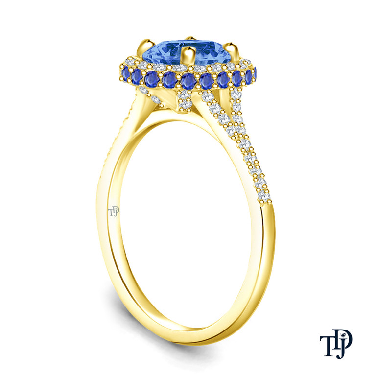 14K Yellow Gold Vibrant Sapphires and Halo Diamond Accents Setting Blue Sapphire Side View