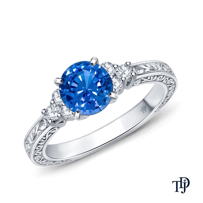 14K White Gold Adorned Scroll Engraving Trio Diamond Engagement Ring Blue Sapphire Top View