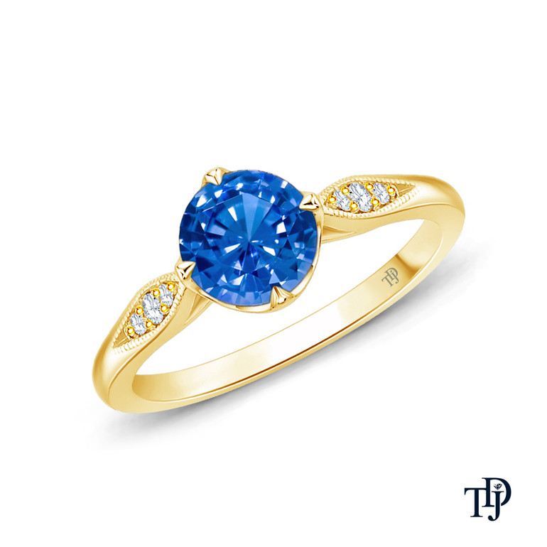 14K Yellow Gold Milgrain Detail Flower Diamond Engagement Ring Blue Sapphire Top View