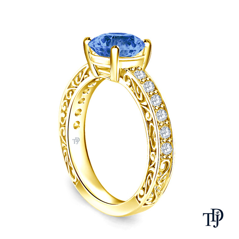 14K Yellow Gold Detailed Scroll Timeless Accents Engagement Ring Blue Sapphire Side View