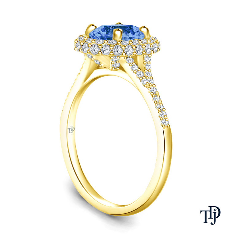 14K Yellow Gold Pave Set Side and Halo Accents Engagement Ring Blue Sapphire Side View