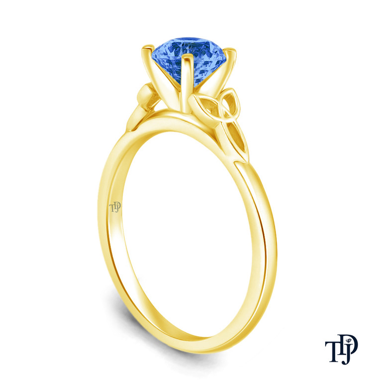 14K Yellow Gold Romancing Love Knot Diamond Solitaire Ring Blue Sapphire Side View