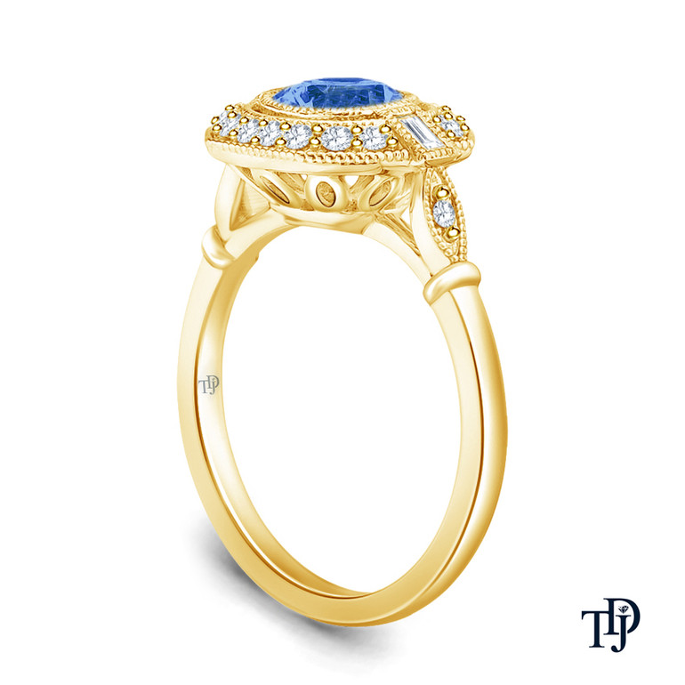 14K Yellow Gold Baguette & Round Accents Antique Diamond Engagement Ring Blue Sapphire Side View