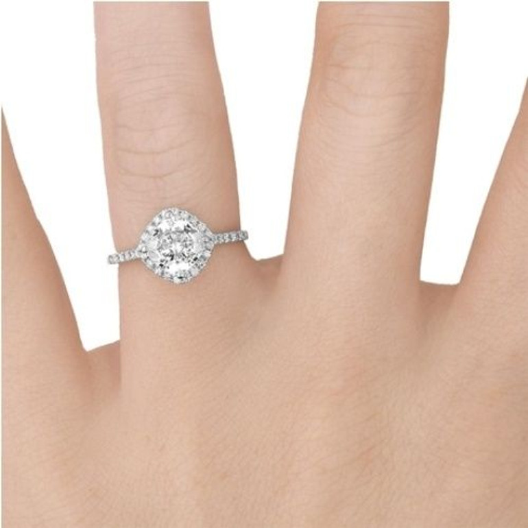 Kite Style Halo Accent Diamond Engagement Ring Semi Mount in 14k White Gold Finger View