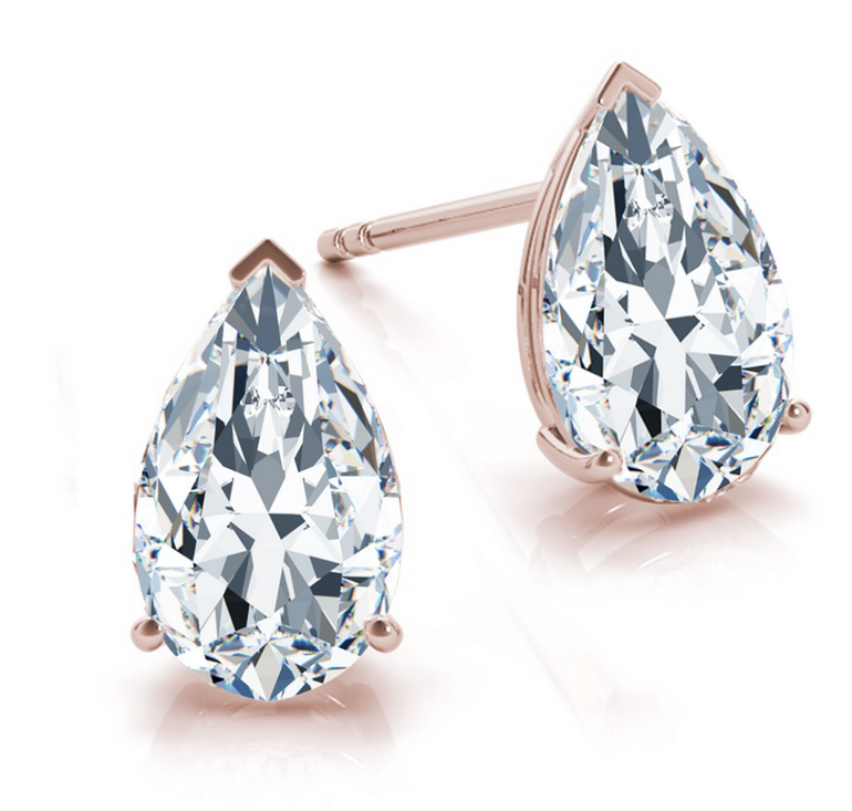 Three Prong Classic Pear Cut Diamond Stud Earrings 14k Rose Gold