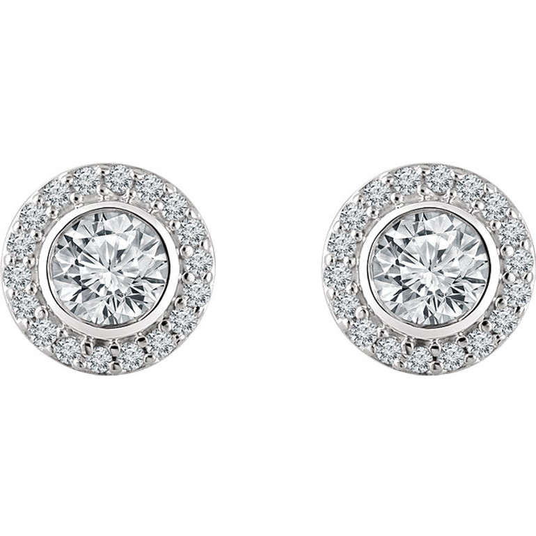 Pave Halo And Center Bezel Set Round Cut Diamond Stud Earrings