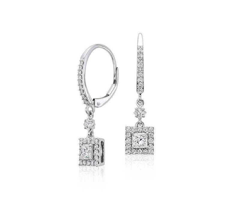 Princess Cut Halo Diamond Dangle Earrings