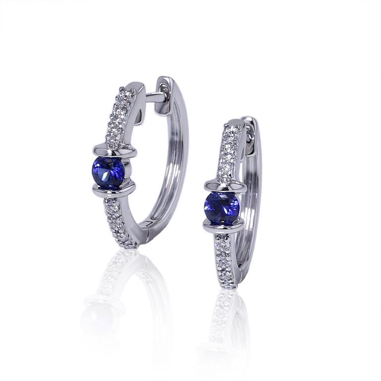 Tension Set Blue Sapphire And Diamond Hoop Earrings