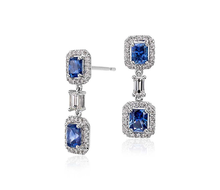 Radiant Blue Sapphire And Diamond Halo Drop Earrings