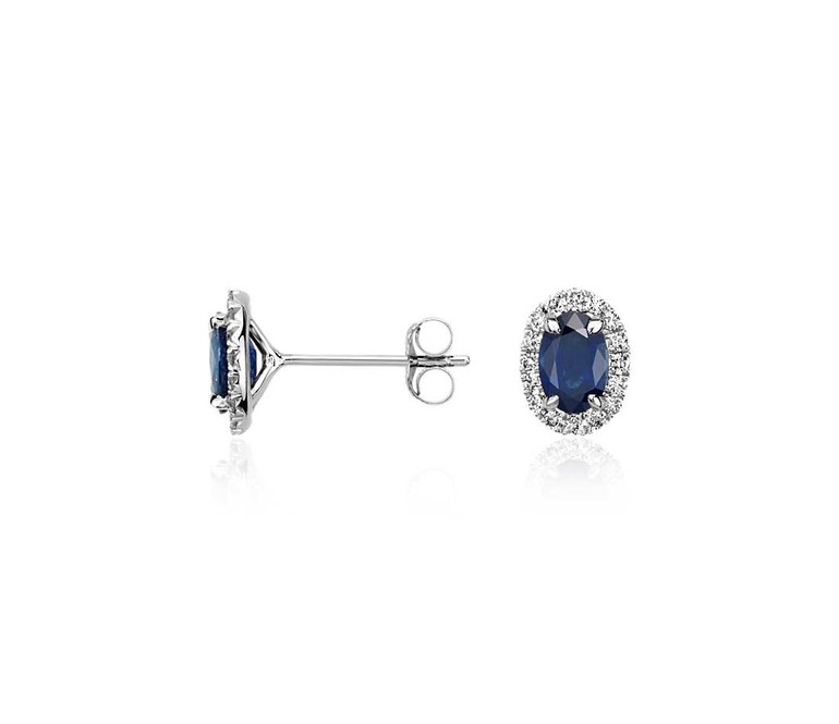 Oval Blue Sapphire Halo Diamond Stud Earrings