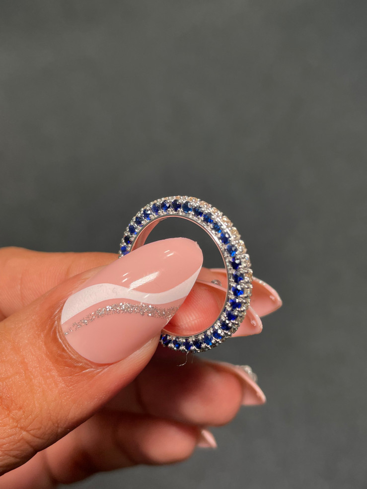 Three Sided Diamond Full Eternity Band with Side Blue Sapphire