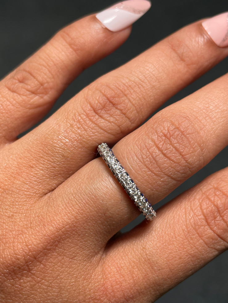 Three Sided Diamond Full Eternity Band with Side Blue Sapphire