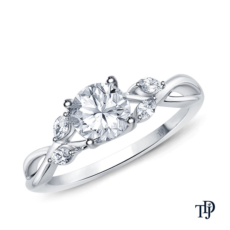 White Gold Vine and Leaves Style Marquise Bud Diamond Engagement Ring with Center Diamond Top View