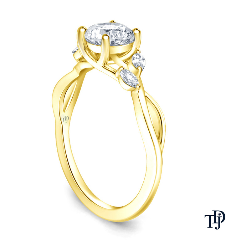 Yellow Gold Vine and Leaves Style Marquise Bud Diamond Engagement Ring with Center Diamond Side View