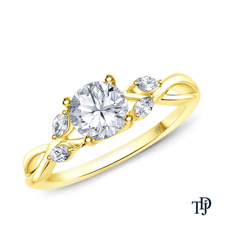 Yellow  Gold Vine and Leaves Style Marquise Bud Diamond Engagement Ring with Center Diamond Top View