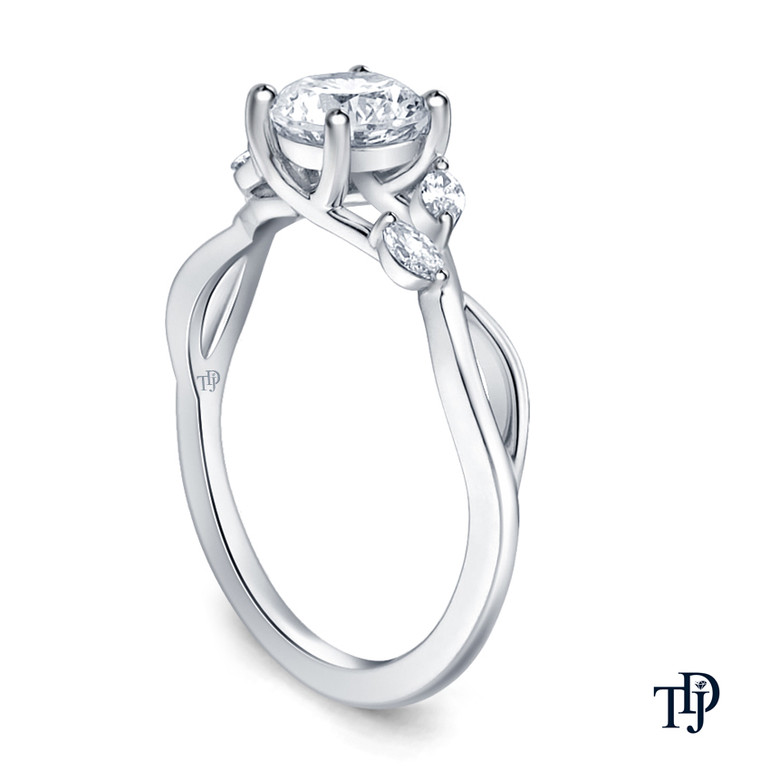 White Gold Vine and Leaves Style Marquise Bud Diamond Engagement Ring with Center Diamond Side View