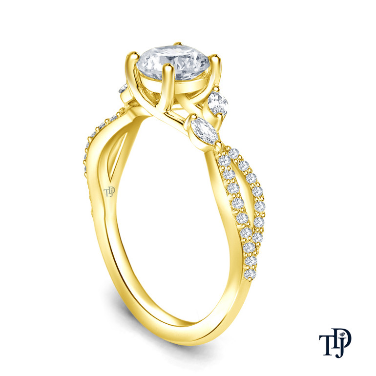 A Vine Inspired Marquise and Round Bud Diamond Engagement Ring with Center Diamond Side View Yellow Gold 