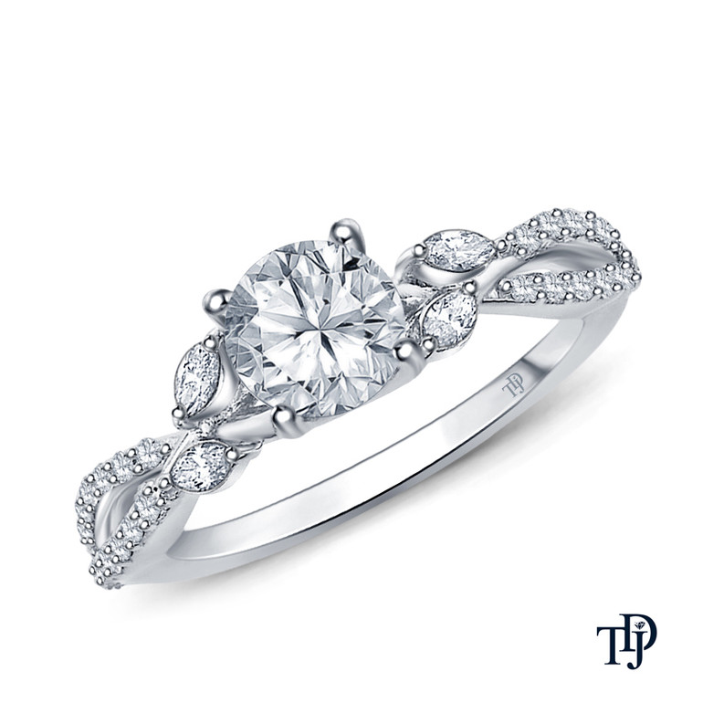 A Vine Inspired Marquise and Round Bud Diamond Engagement Ring with Center Diamond Top View White Gold 