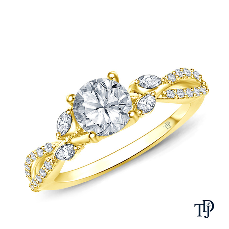 A Vine Inspired Marquise and Round Bud Diamond Engagement Ring with Center Diamond Top View Yellow Gold