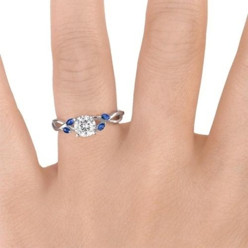 Marquise Blue Sapphire Accents - Leaves  and Vine Style Engagement Ring with Center Diamond Finger View White Gold