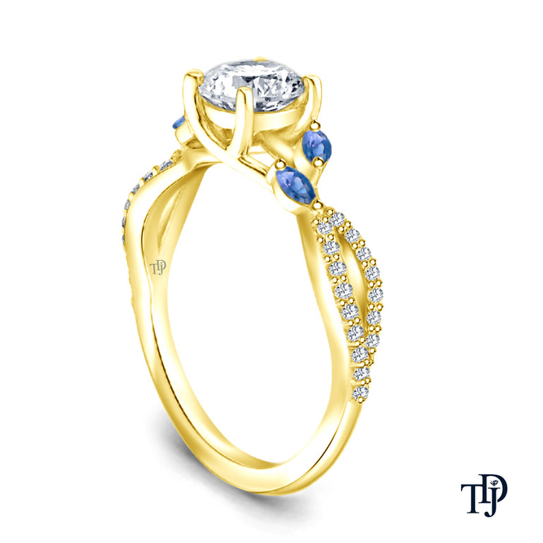 A Nature Inspired Leaves Marquise Blue Sapphire & Round Diamond Ring with Center Diamond Side View Yellow Gold 