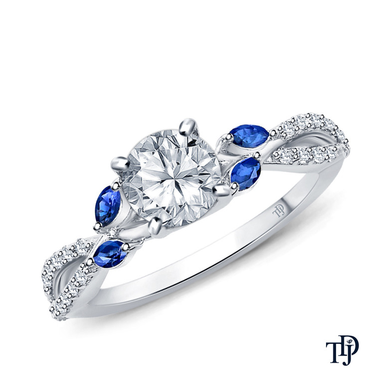 A Nature Inspired Leaves Marquise Blue Sapphire & Round Diamond Ring with Center Diamond Top View White Gold 