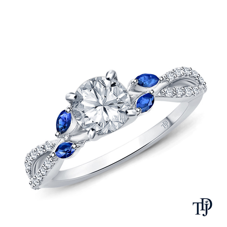 A Nature Inspired Leaves Marquise Blue Sapphire & Round Diamond Ring with Center Diamond Top View White Gold