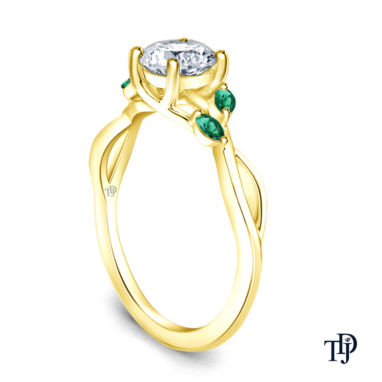 Marquise Green Emerald Accents - Leaves and Vine Style Engagement Ring with Center Diamond Side View Yellow Gold