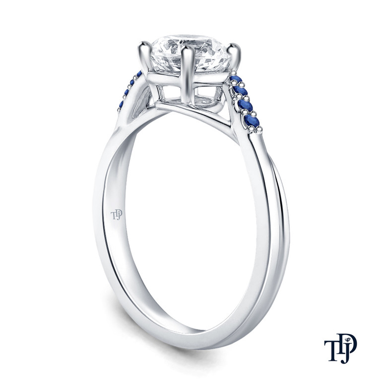 Delicate Tapered Pave Sapphire Engagement Ring with Center Diamond Side View White Gold